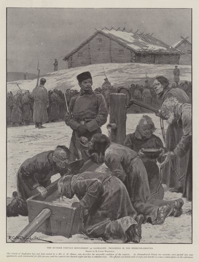 De Russische strafkolonie in Saghalien, gevangenen op de oefengrond door Richard Caton Woodville junior